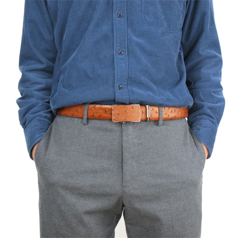 maikun Men's Belt Ratchet Leather Dress Belt with Automatic Buckle 35mm Wide, Ostrich Grain Tan, Size L - Image 2